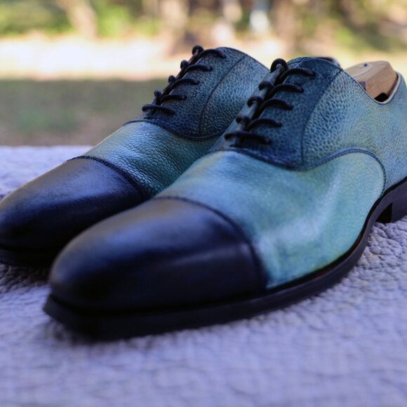 Crockett & Jones Barneys 9.5-D Pebbled Blue Multicolor Captoe Oxford - Picture 4 of 16
